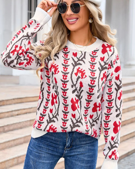 Angel Wings Flower Round Neck Long Sleeve Sweater Scarlet