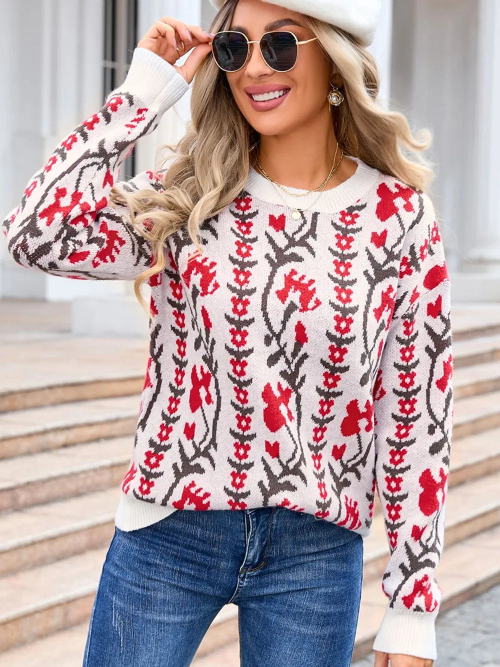 Angel Wings Flower Round Neck Long Sleeve Sweater Scarlet