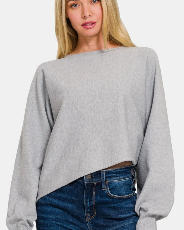 Zenana Asymmetric Hem Long Sleeve Sweater H Grey
