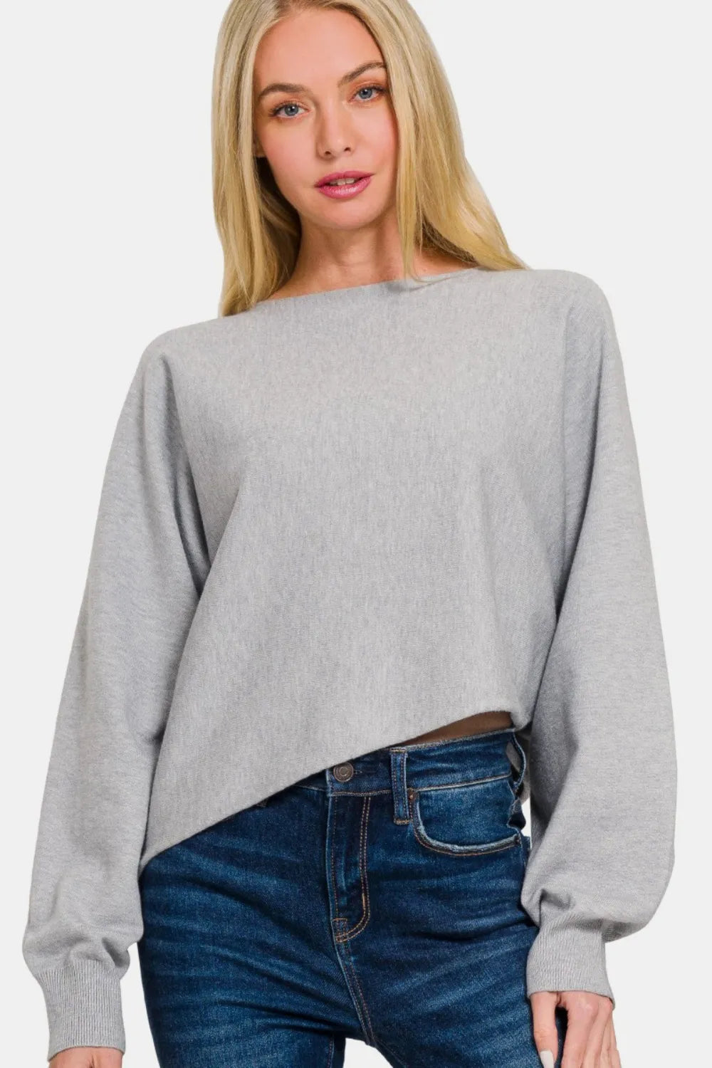 Zenana Asymmetric Hem Long Sleeve Sweater H Grey
