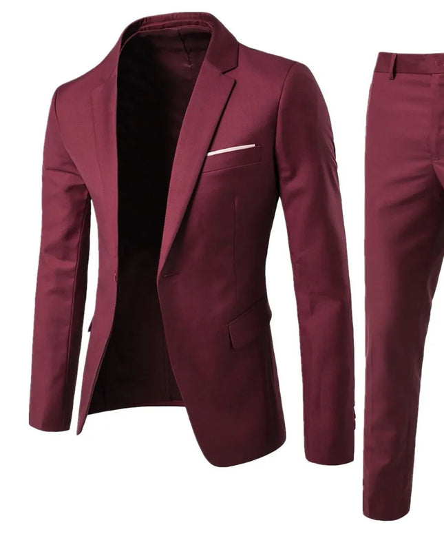 Men's Full Size Slim Fit One Button Top and Pants Two-Piece Blazer Set Plus Size Burgundy