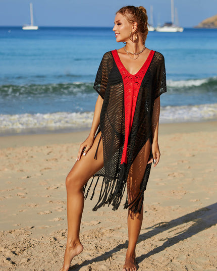 Angel Wings Contrast Fringe Trim Openwork Cover-Up Dress
