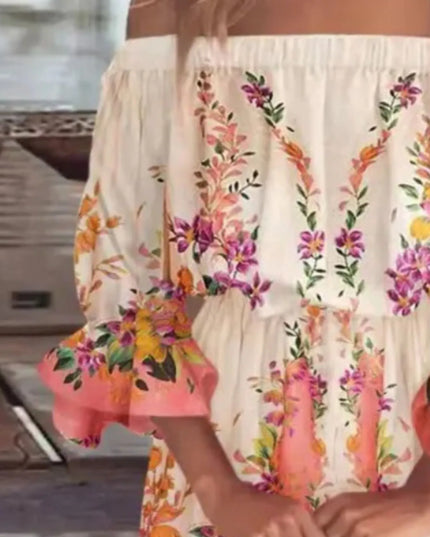 Full Size Floral Off-Shoulder Flounce Sleeve Mini Dress Plus Size 