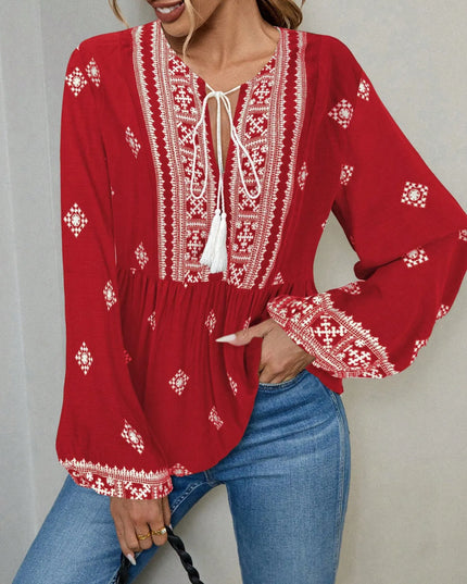 Tie Front Long Sleeve Blouse Red