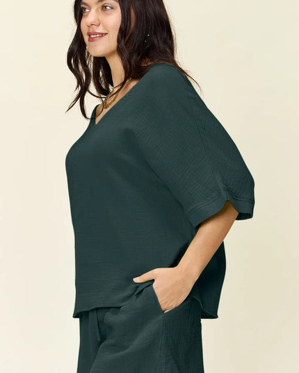 Double Take Texture Half Sleeve T-Shirt and Drawstring Shorts Set