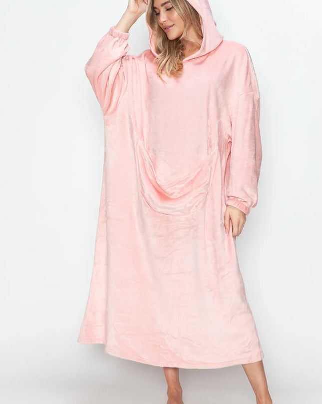 Double Take Full Size Pocketed Hooded Midi Lounge Dress