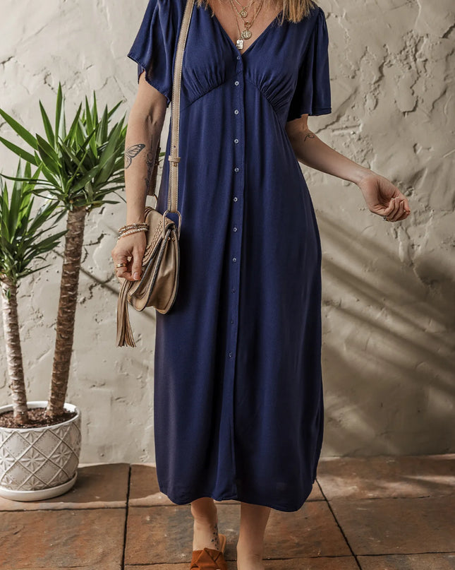 V Neck Buttoned Front Shirred Back Short Sleeve Midi Dress