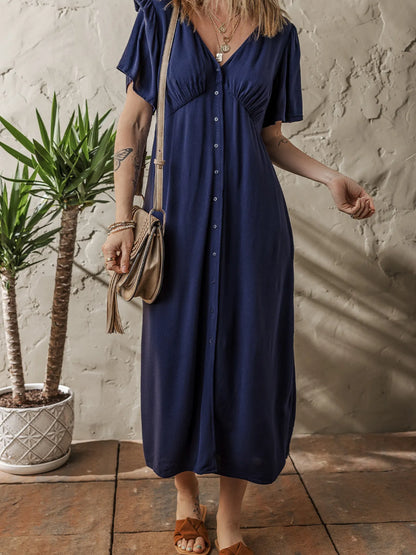 V Neck Buttoned Front Shirred Back Short Sleeve Midi Dress