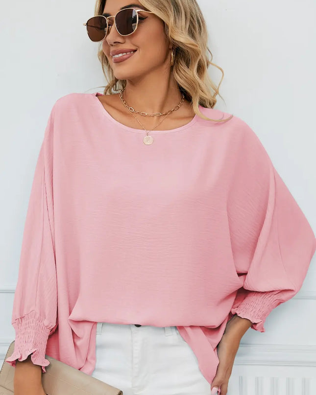 Smocked Lantern Sleeve Round Neck Blouse