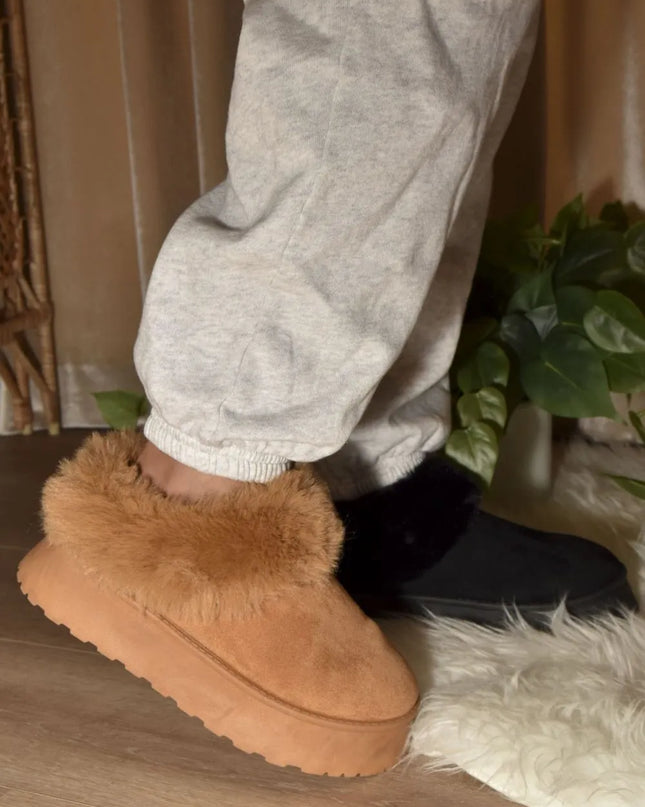 WILD DIVA Faux-Fur Platform Slip On Booties Camel