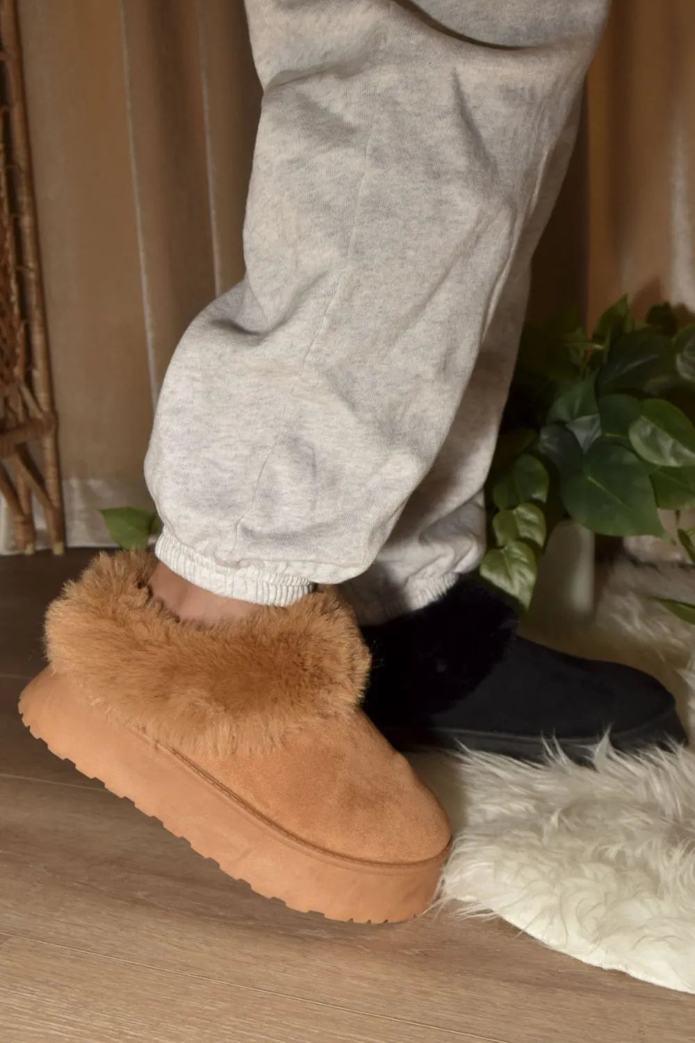 WILD DIVA Faux-Fur Platform Slip On Booties Camel