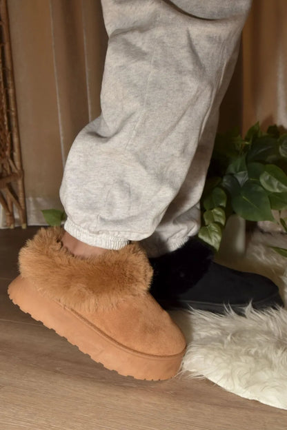 WILD DIVA Faux-Fur Platform Slip On Booties Camel