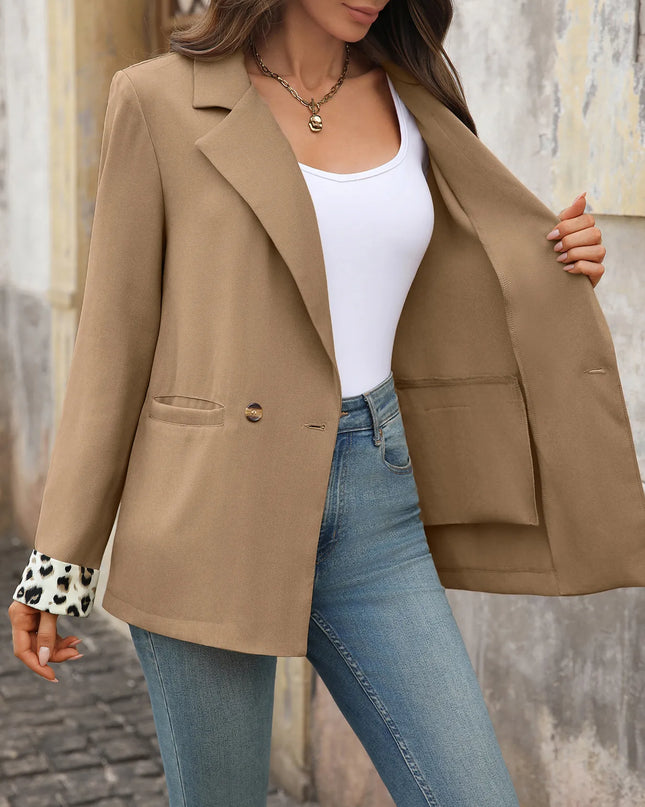 Lapel Collar Leopard Cuff Long Sleeve Blazer