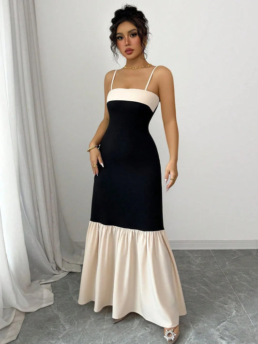 Two-Tone Spaghetti Strap Maxi Dress Black