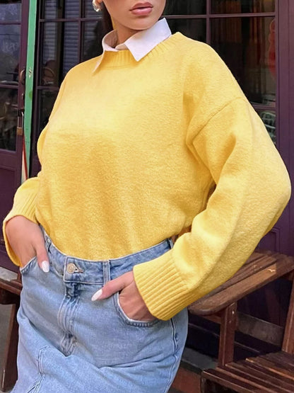 Ribbed Round Neck Dropped Shoulder Sweater