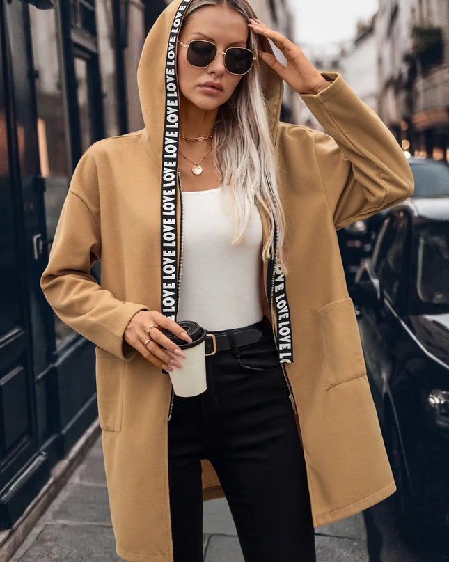 Letter Print Strap Zip Up Hooded Trench Coat