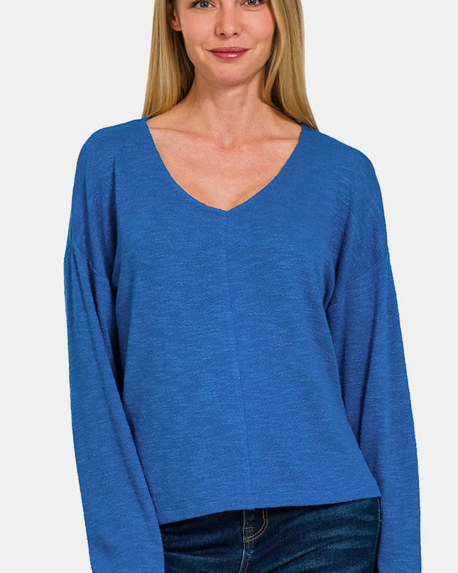 Zenana Dropped Shoulder Long Sleeve T-Shirt Classic Blue