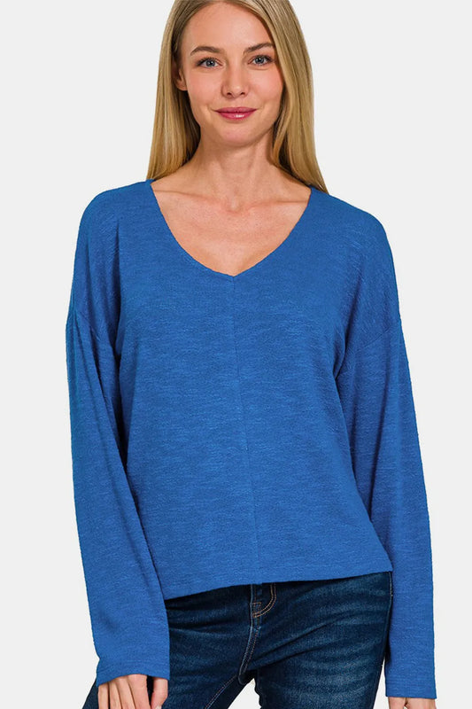 Zenana Dropped Shoulder Long Sleeve T-Shirt Classic Blue