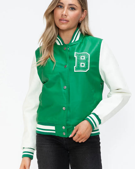 Love Me Now PU Leather Contrast Snap Down Bomber Jacket Green Milk