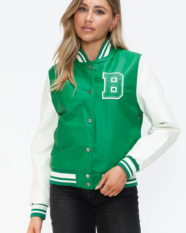 Love Me Now PU Leather Contrast Snap Down Bomber Jacket Green Milk