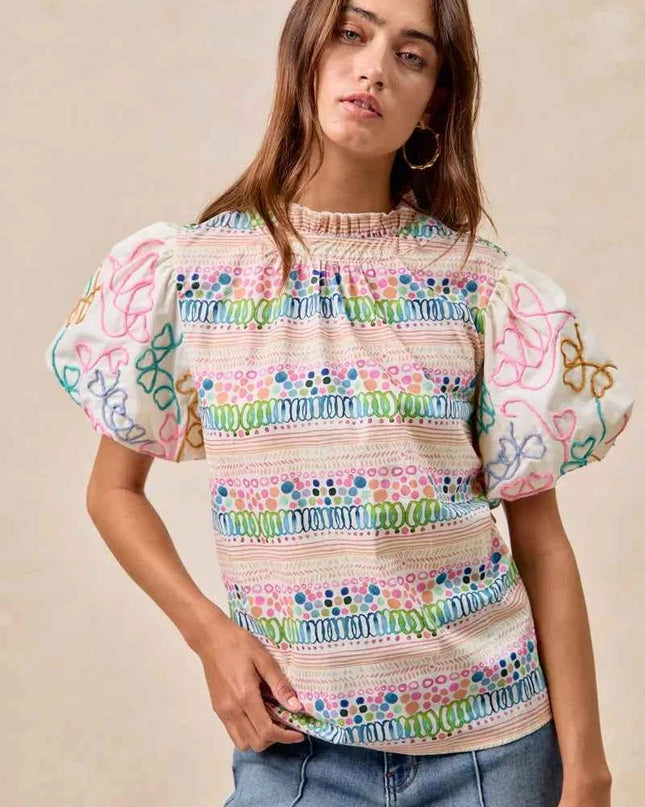 BiBi Ruffle Neckline Blouse With Embroidery Bubble Sleeve
