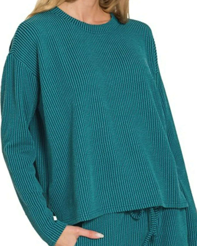 Zenana Corded Rib Long Sleeve Tee and Shorts Set TEAL