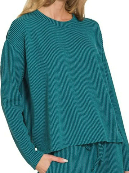 Zenana Corded Rib Long Sleeve Tee and Shorts Set TEAL
