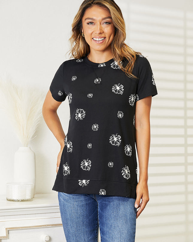 Double Take Dandelion Print Round Neck T-Shirt Black