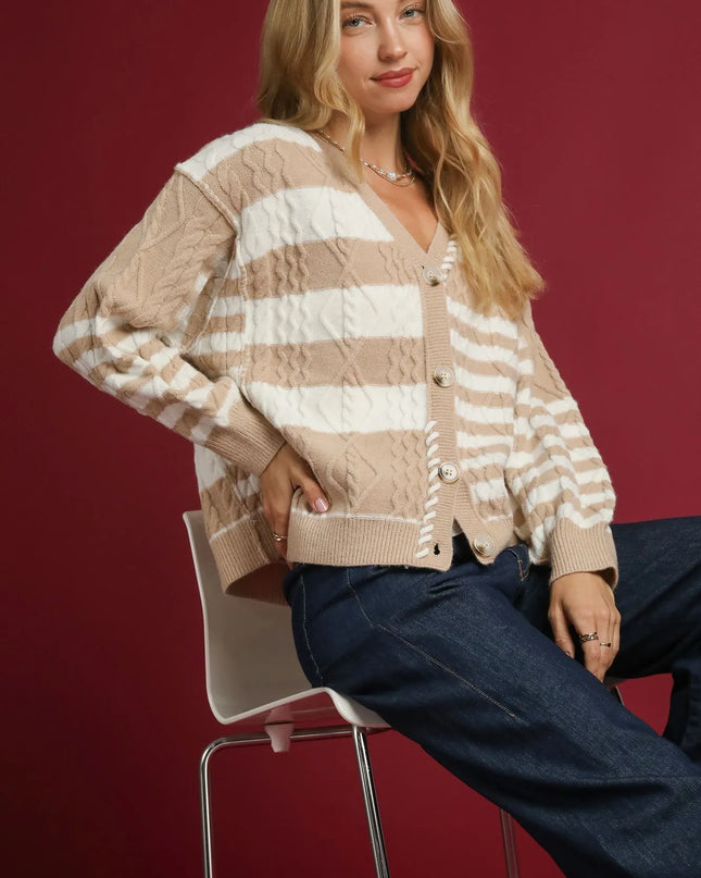 Umgee Cable-Knit Stripe Button-Up Cardigan