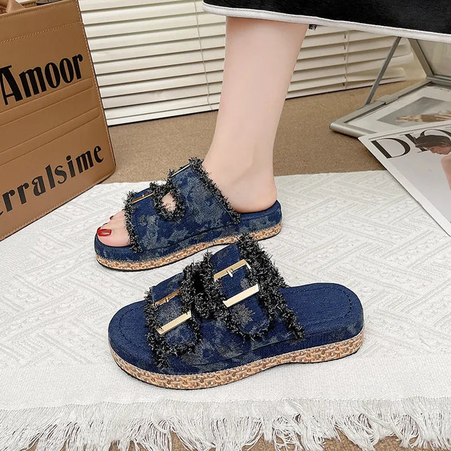 Open Toe Double Buckle Platform Sandals Navy