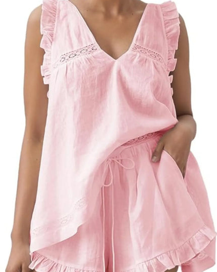 Ruffled V-Neck Top and Shorts Set Blush Pink