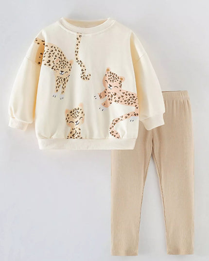 Children's Leopard Print Sweatshirt and Pants Set Beige