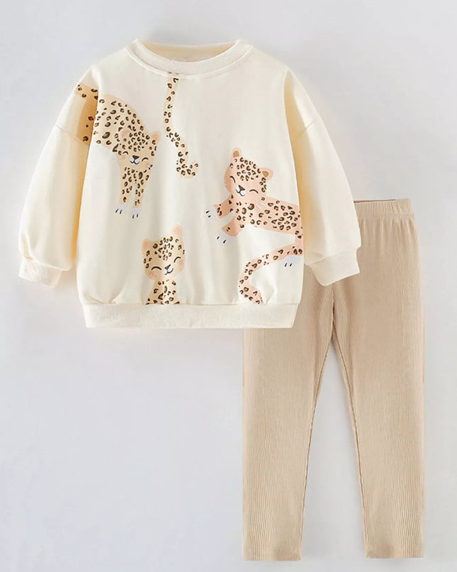 Children's Leopard Print Sweatshirt and Pants Set Beige