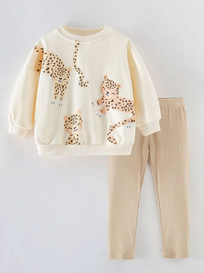 Children's Leopard Print Sweatshirt and Pants Set Beige