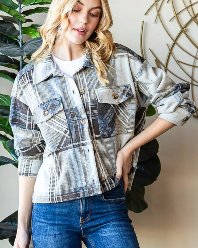 Reborn J Plaid Button Up Long Sleeve Shacket DENIM