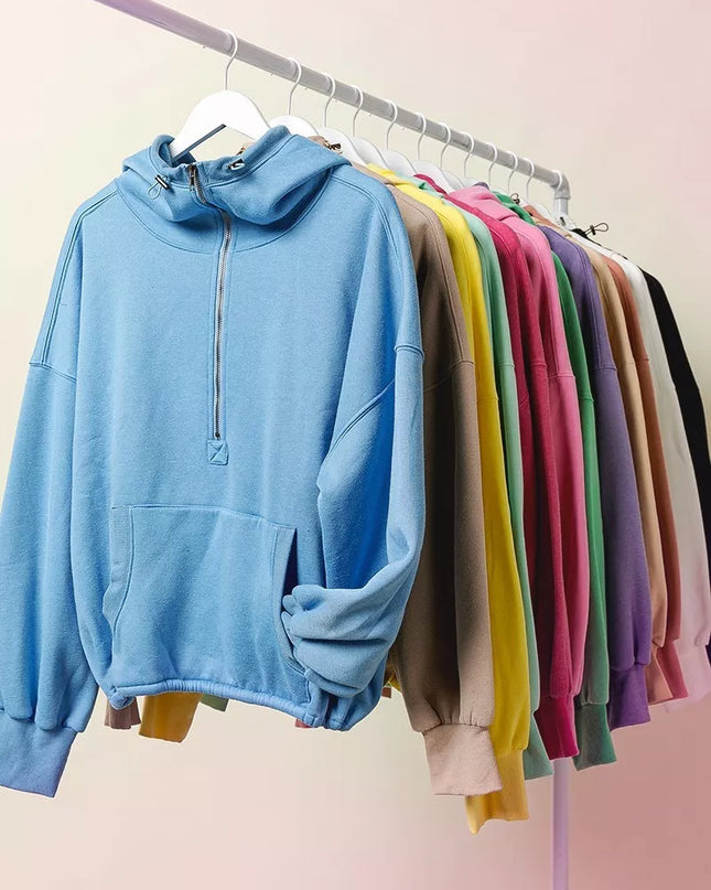 BiBi Stitch Detailed Elastic Hem Half Zip Fleece Hoodie