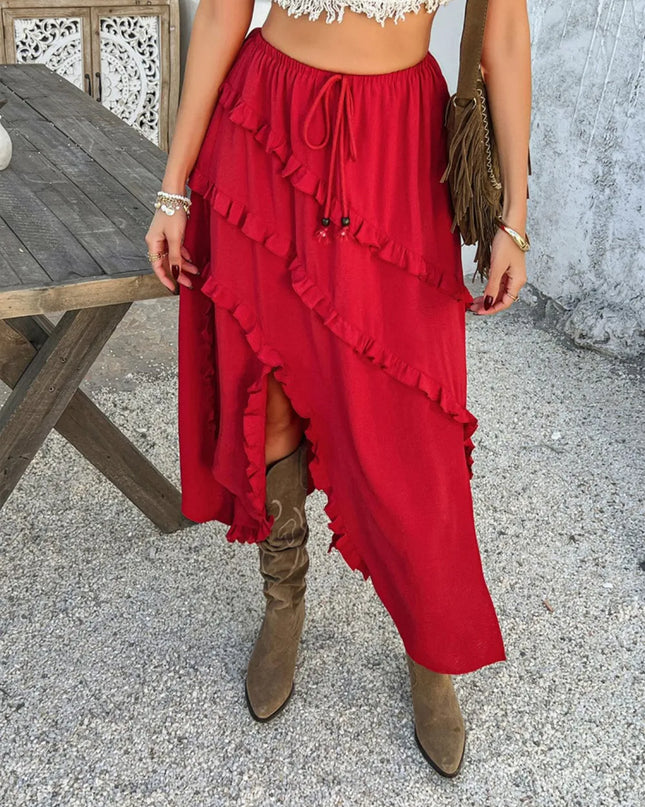 Devine Slit Drawstring Ruffled Skirt