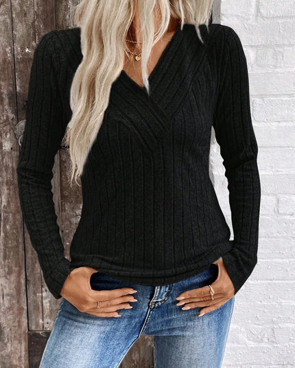 Ribbed V-Neck Long Sleeve Knit T-Shirt