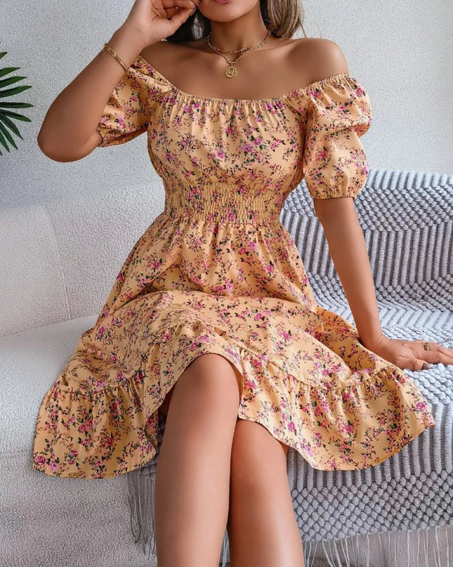 Ruffled Hem Floral Puff Sleeve Dress Tan