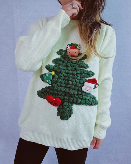 Christmas Tree Round Neck Long Sleeve Sweater White One Size