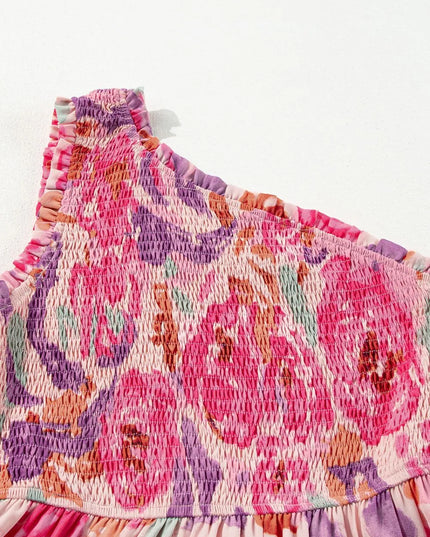 Floral Print Shirred One Shoulder Maxi Dress