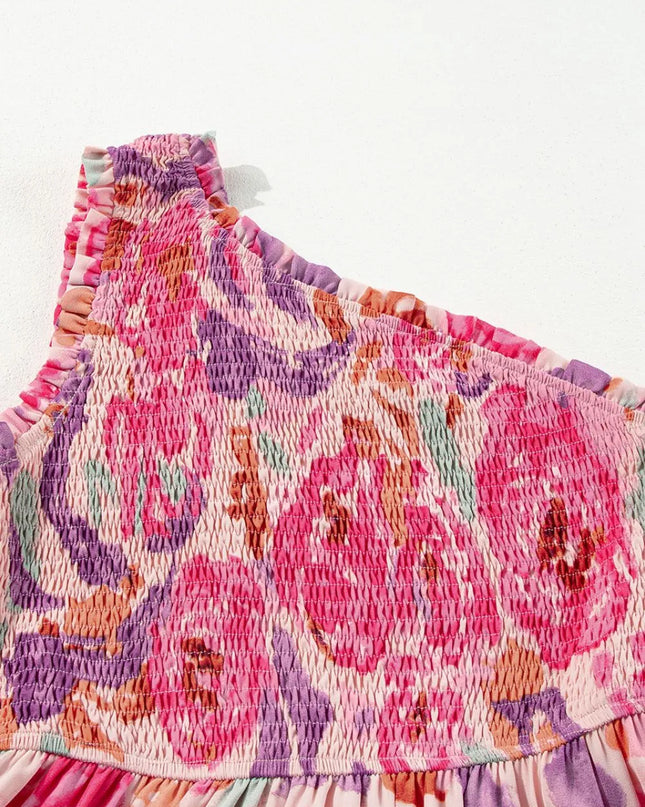 Floral Print Shirred One Shoulder Maxi Dress