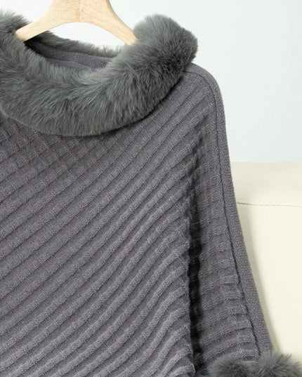 Fuzzy Trim Texture Three-Quarter Sleeve Poncho
