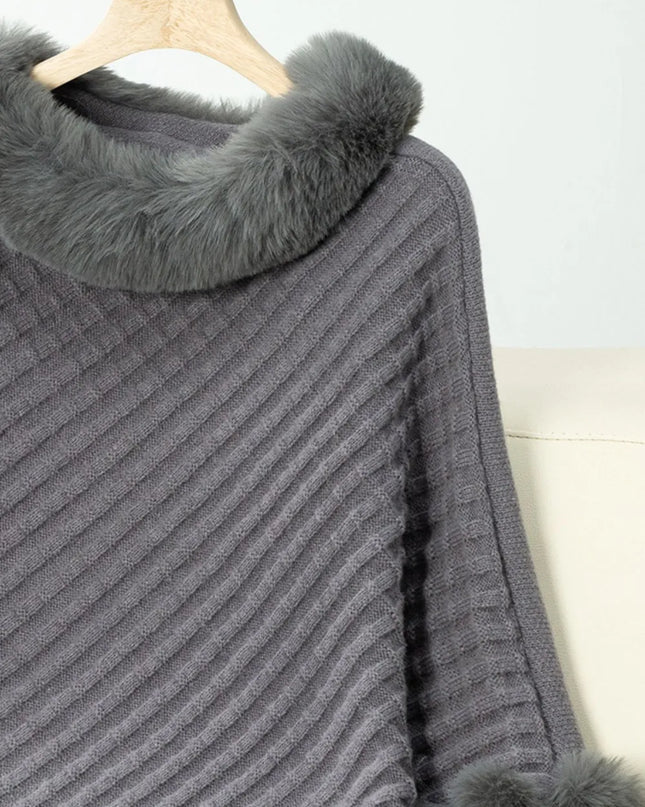 Fuzzy Trim Texture Three-Quarter Sleeve Poncho