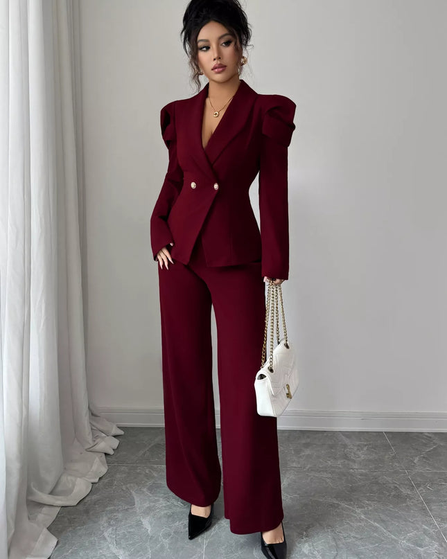 Double-Breasted Blazer and Pants Suit Set