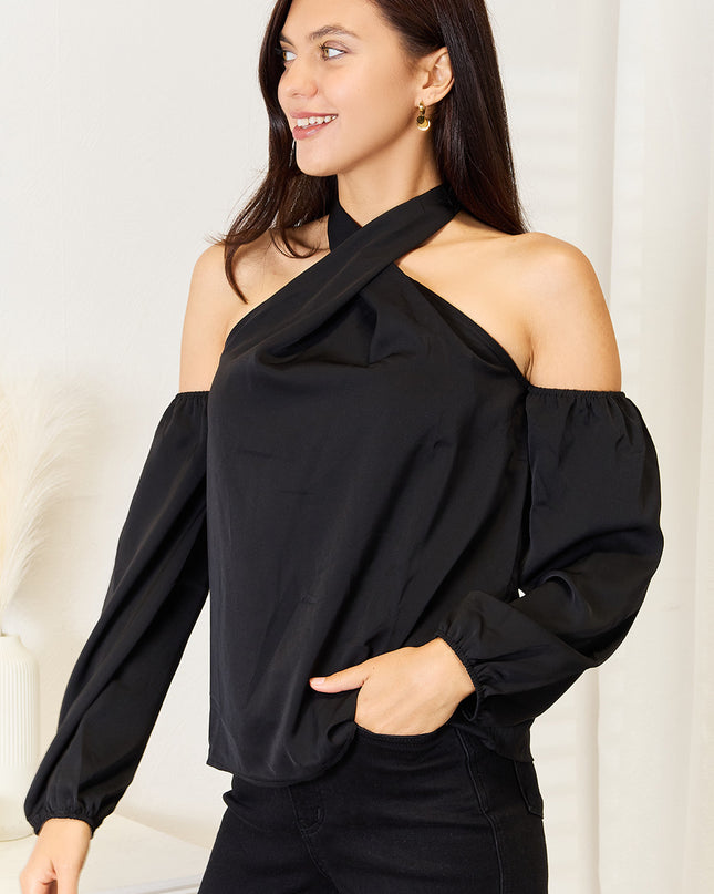 Perfee Grecian Cold Shoulder Long Sleeve Blouse
