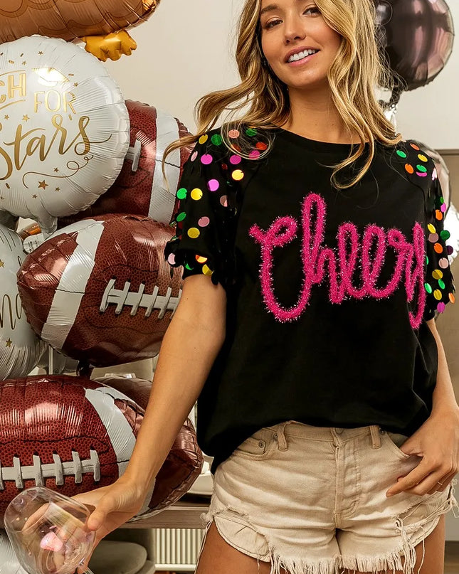 BiBi Metallic Letter Spangle Raglan Puff Sleeve Top