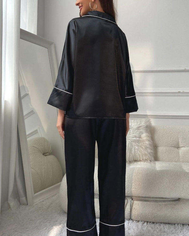 Contrast Piping Button-Up Top and Pants Pajama Set