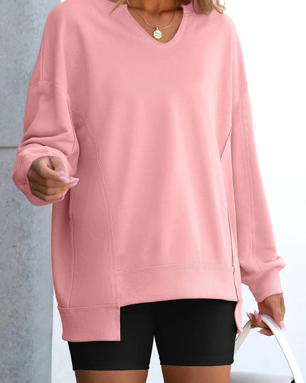 Notched Long Sleeve Oversized Sweatshirt