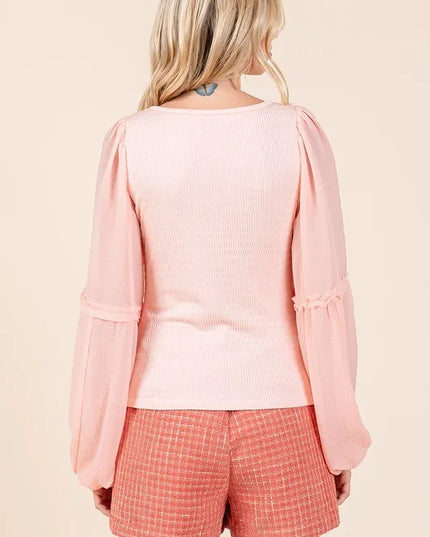 Mittoshop Mixed Media Textured Knit Chiffon Long Sleeve Top 